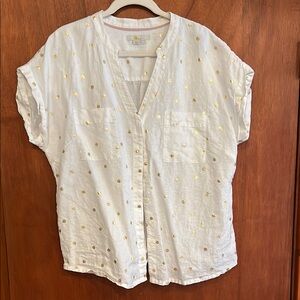 Boden 100% linen metallic gold polka dot button up shirt size 14